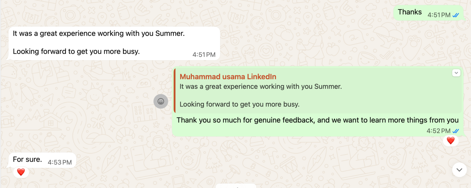 Muhammad Usama Ahmed testimonial on WhatsApp